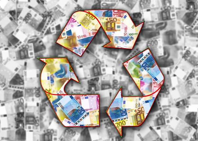 bankovky, recyklační trojúhelník, šipky
